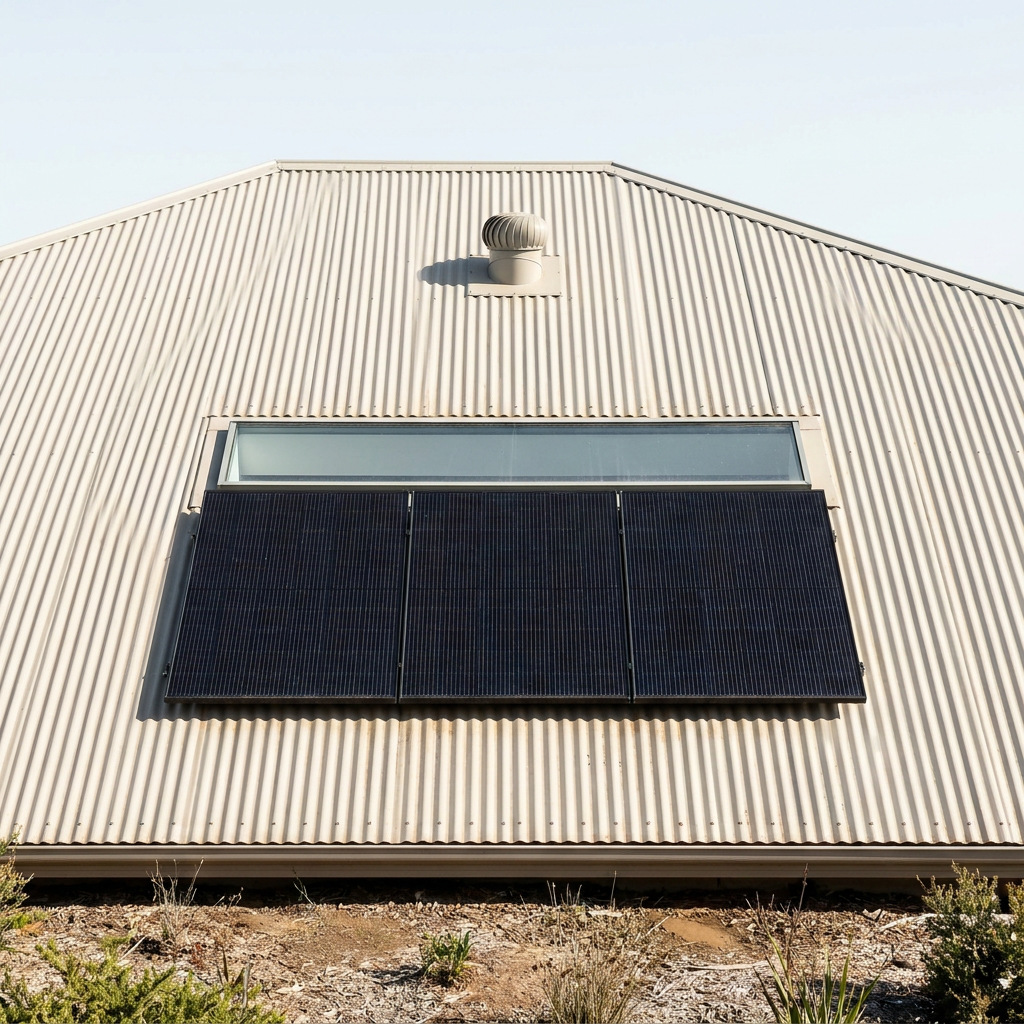 Metal roof with a PV array, flush skylight and small ventilator arranged in alignment