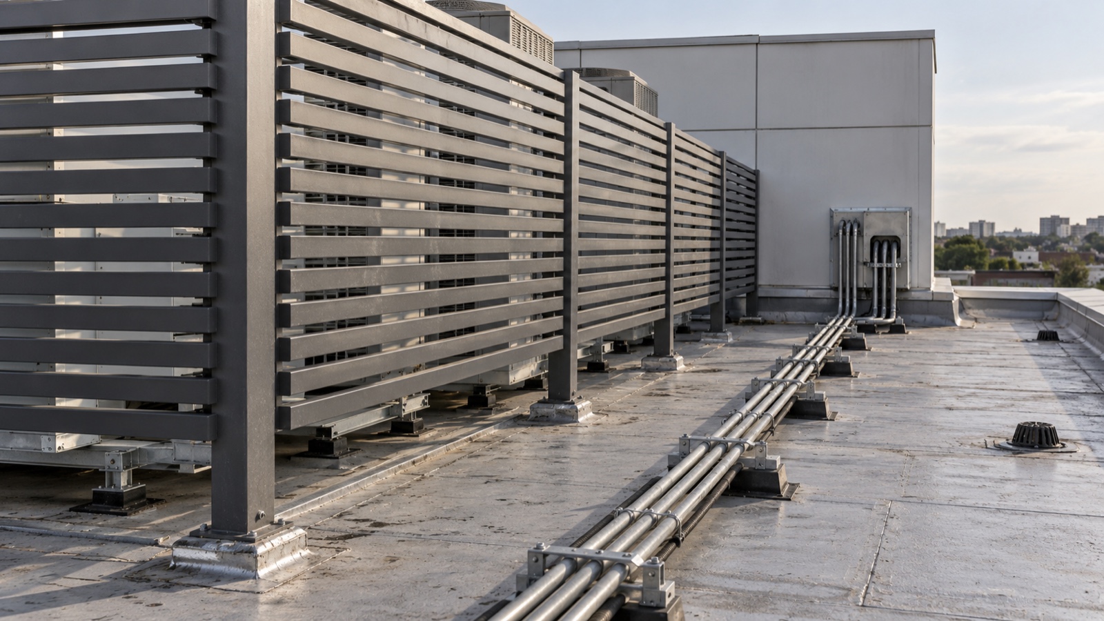 Equipment screen and coordinated conduit runs Slatted metal equipment screen on a commercial roof with an inspection gap behind it and neatly supported conduit runs | Sky Rye Design Slatted metal equipment screen on a commercial roof with an inspection gap behind it and neatly supported conduit runs