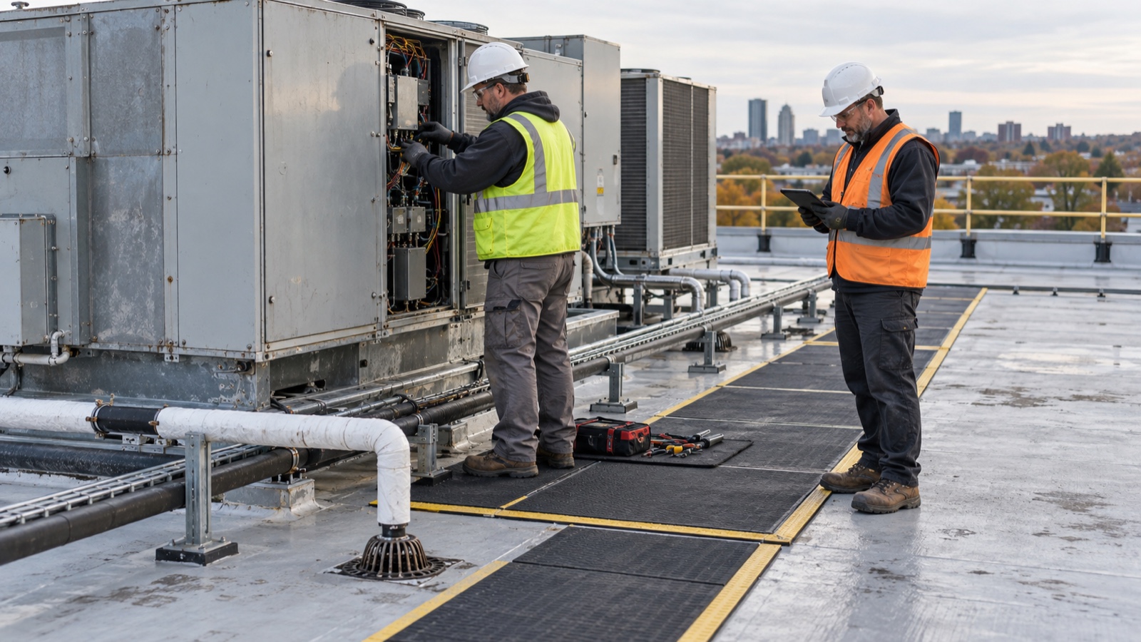 Coordinated trade access at rooftop equipment HVAC technician servicing a rooftop unit from a walkway pad while a roofing professional reviews the area nearby | Sky Rye Design HVAC technician servicing a rooftop unit from a walkway pad while a roofing professional reviews the area nearby