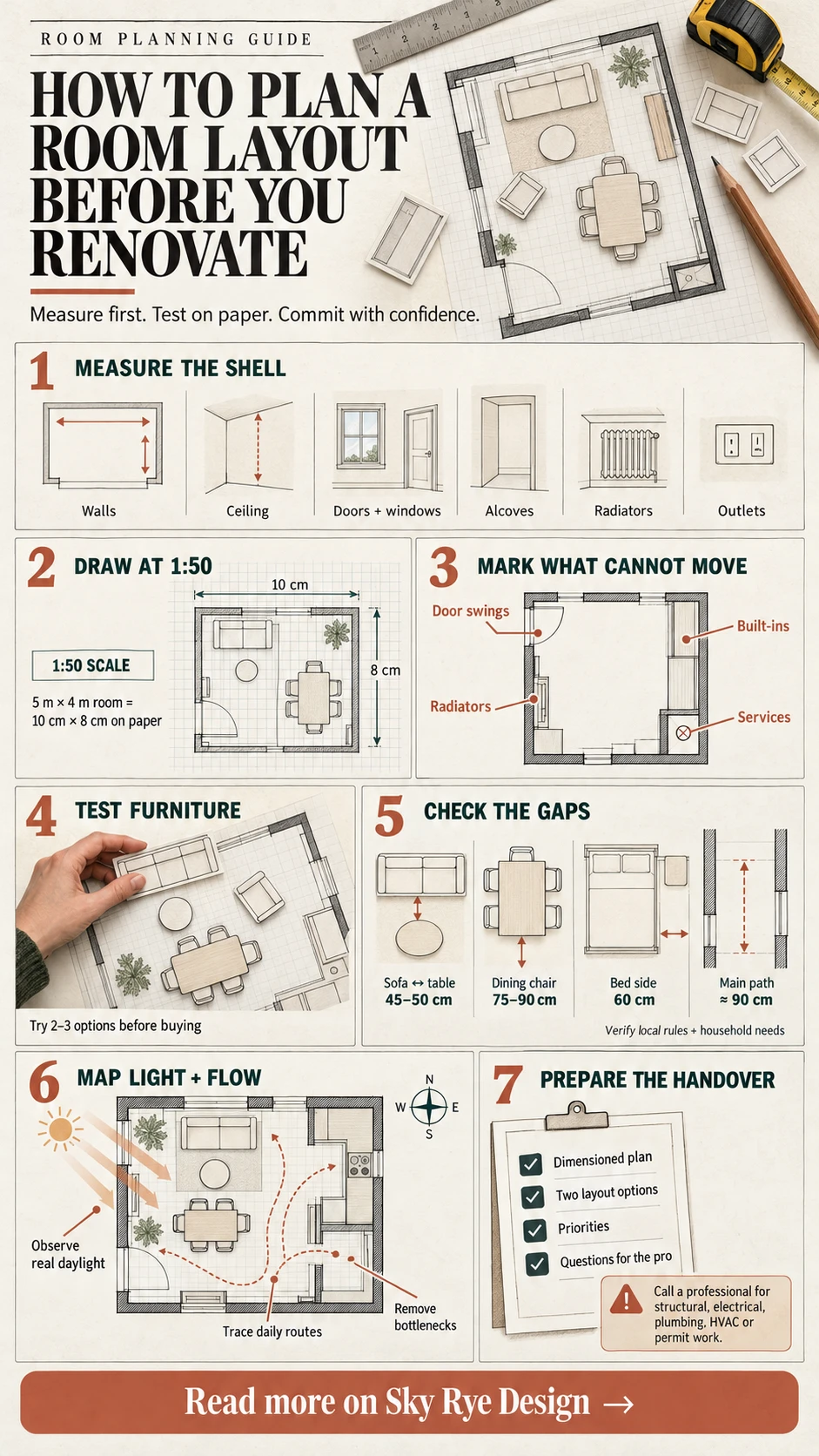 Room Layout Planning Before Renovation Infographic Room layout planning infographic showing measurements, 1:50 scale, fixed constraints, furniture testing, clearances, light, traffic flow, and designer handover | Sky Rye Design Room layout planning infographic showing measurements, 1:50 scale, fixed constraints, furniture testing, clearances, light, traffic flow, and designer handover