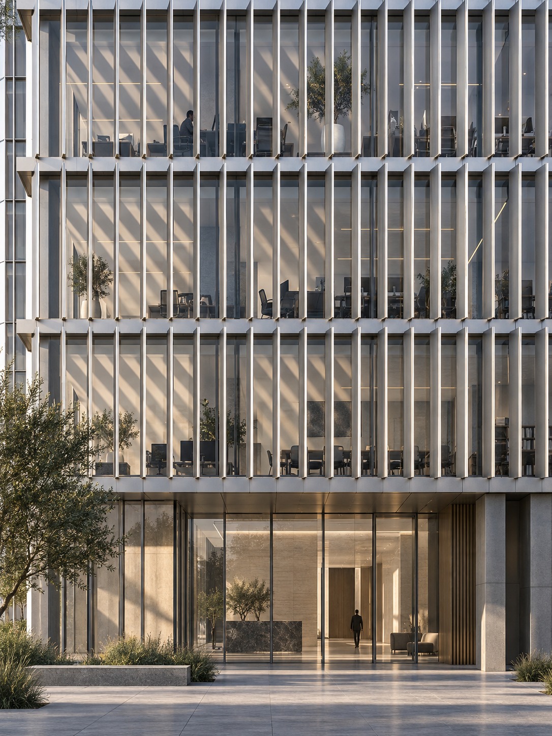 Vertical aluminium louvers casting parallel shadows across a glass office facade