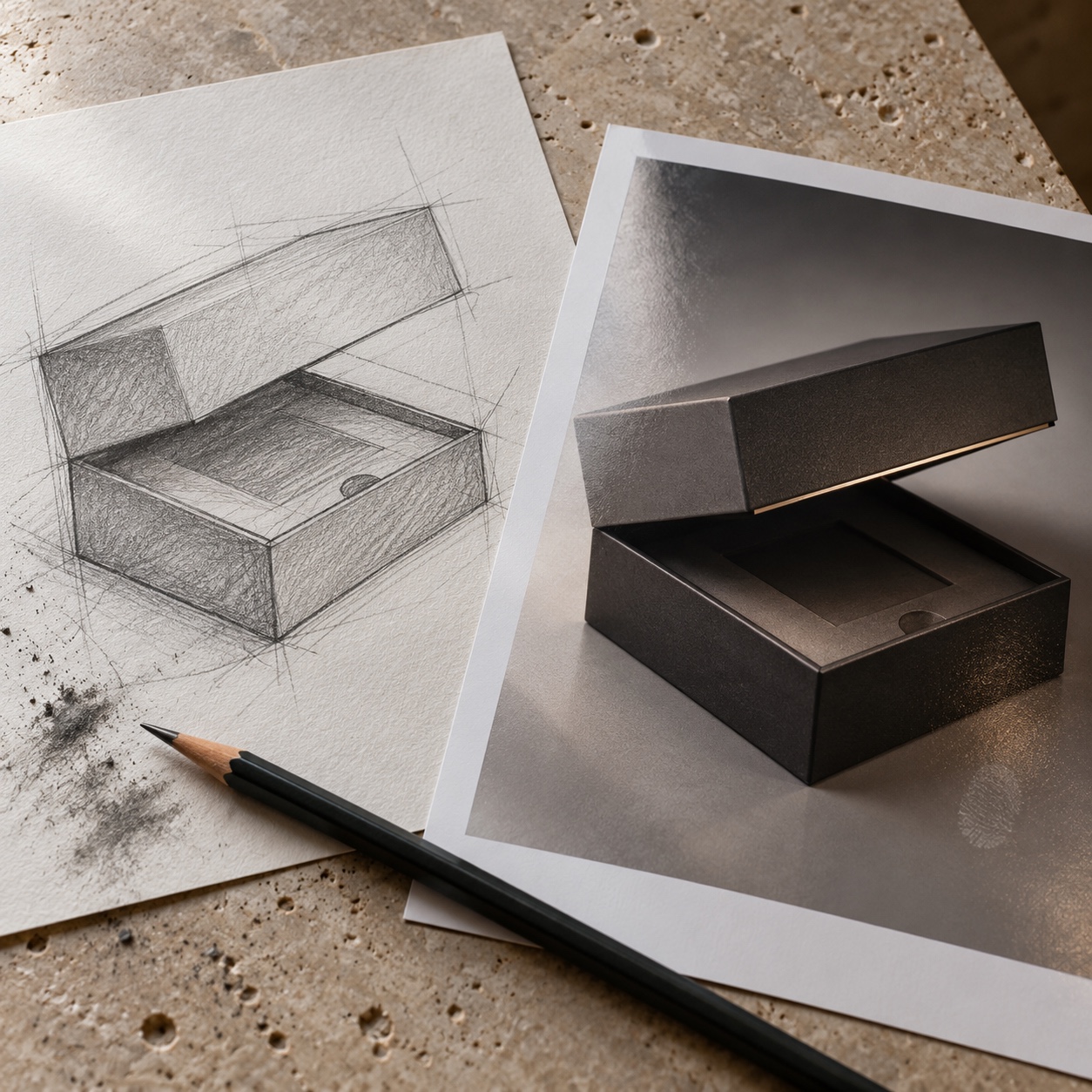 Rough and polished storyboard frames compared A rough pencil storyboard frame beside a polished frame that reveals the box too early | Sky Rye Design A rough pencil storyboard frame beside a polished frame that reveals the box too early
