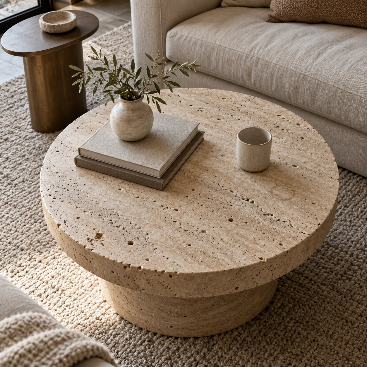 Round travertine coffee table with an oval side table on a wool rug