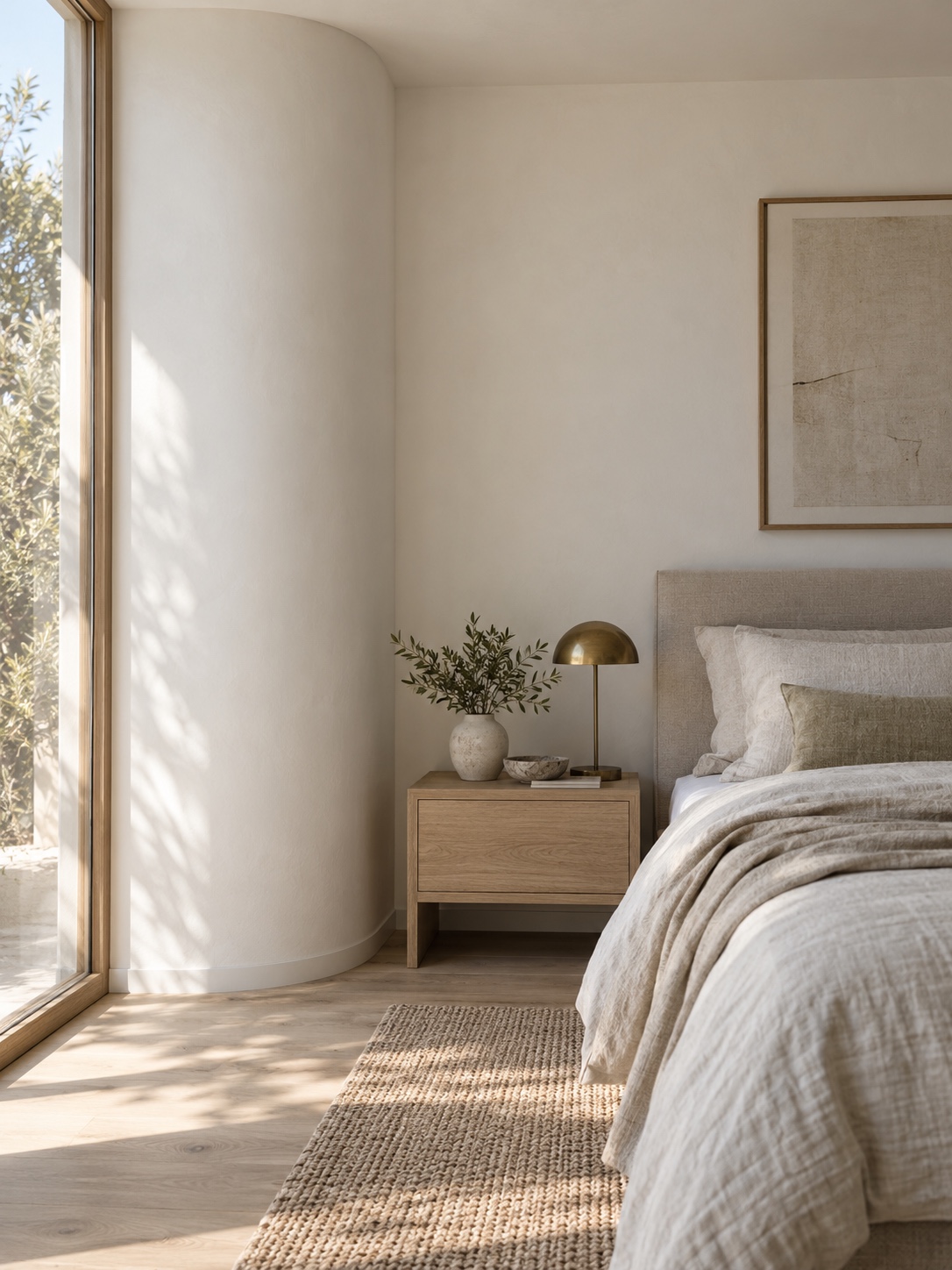 Rounded bedroom wall corner Rounded white wall corner beside linen bedding and an oak bedside table | Sky Rye Design Rounded white wall corner beside linen bedding and an oak bedside table