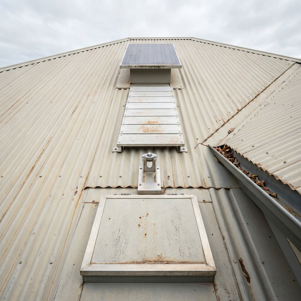 Metal roof with a safety anchor and short walkway leading toward a small ventilator
