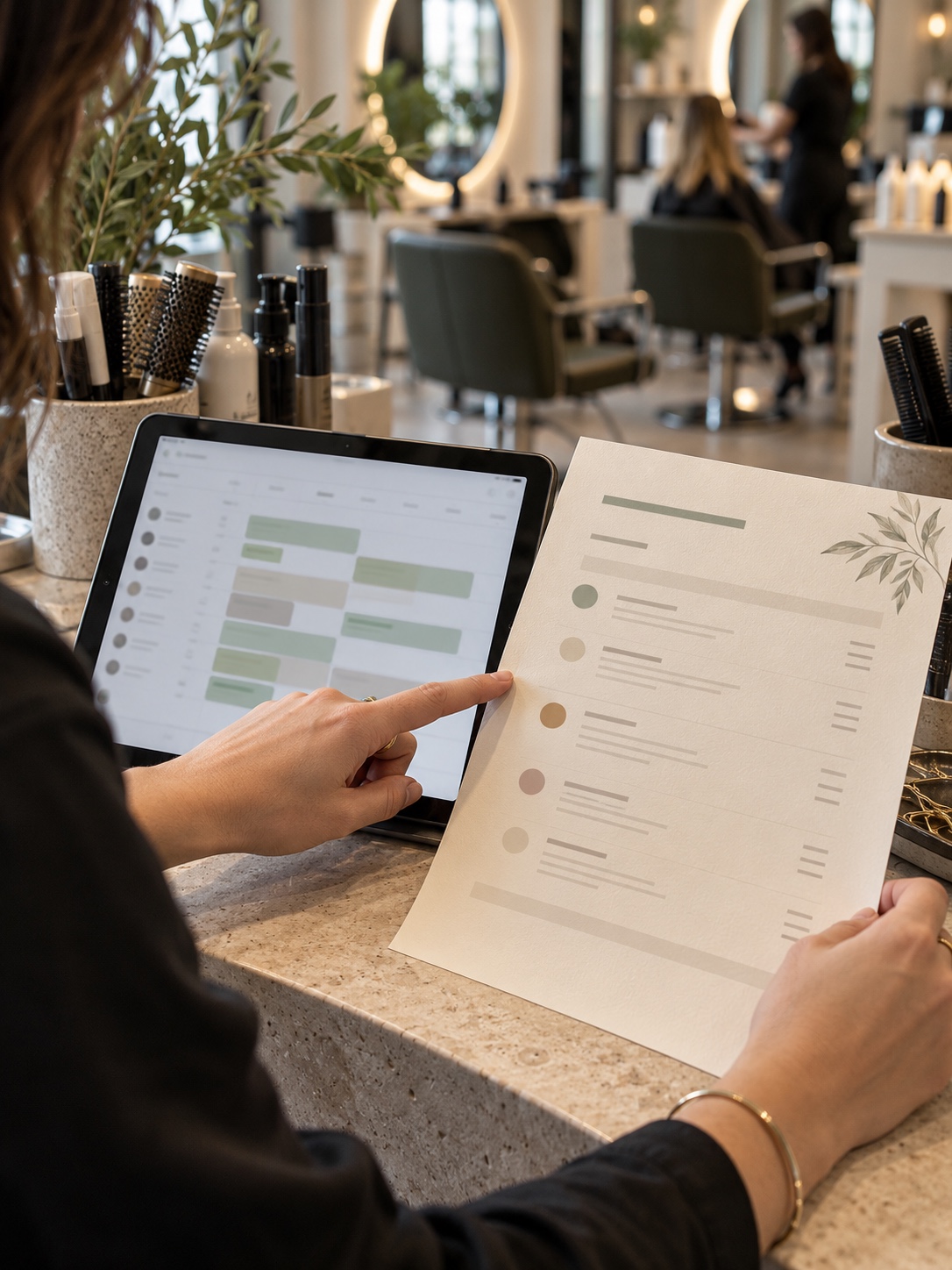 Matching booking page and service menu A salon owner compares a tablet booking schedule with a printed service menu. | Sky Rye Design A salon owner compares a tablet booking schedule with a printed service menu.