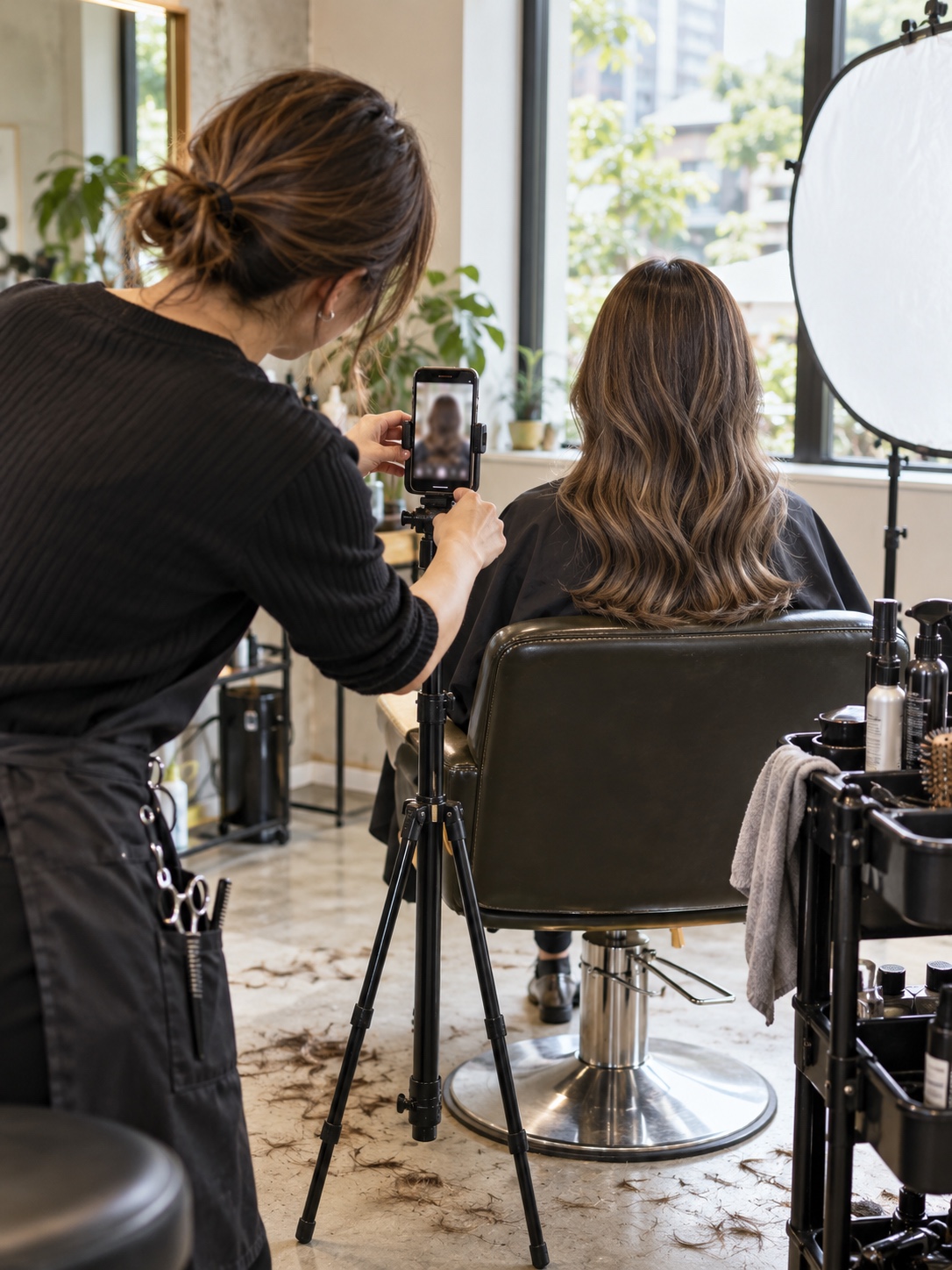 Photographing finished salon work A stylist photographs finished hair with a phone and reflector. | Sky Rye Design A stylist photographs finished hair with a phone and reflector.