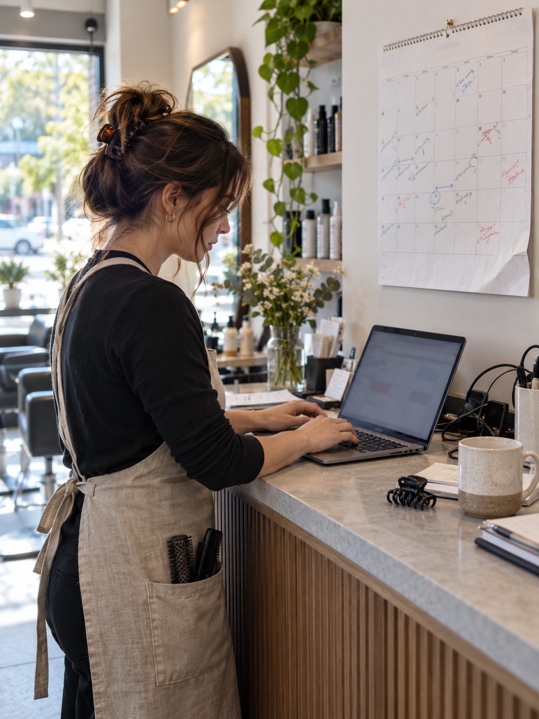Updating salon hours online A stylist updates business hours beside a paper calendar. | Sky Rye Design A stylist updates business hours beside a paper calendar.