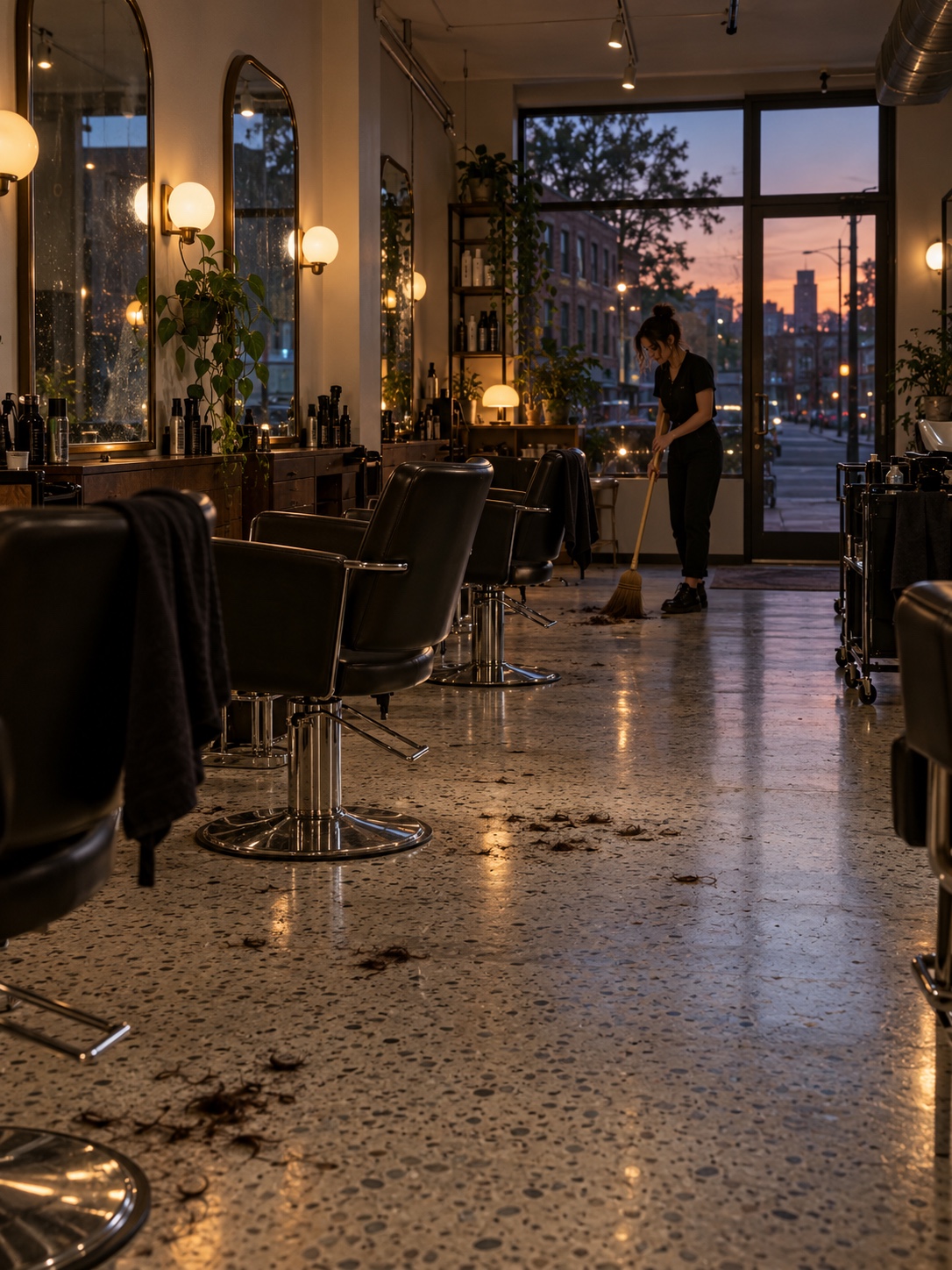 Monthly salon profile maintenance A stylist sweeps an empty salon at closing time. | Sky Rye Design A stylist sweeps an empty salon at closing time.