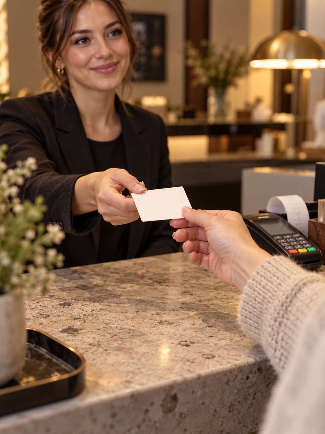 Requesting an honest salon review A receptionist gives a client a neutral review-request card. | Sky Rye Design A receptionist gives a client a neutral review-request card.