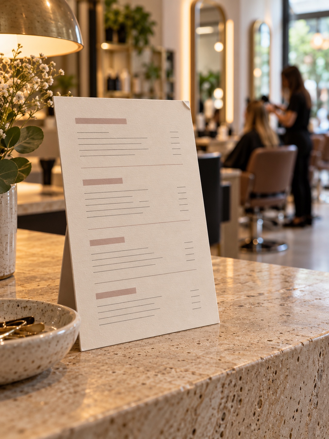Salon service menu structure A clearly grouped salon service menu displayed at reception. | Sky Rye Design A clearly grouped salon service menu displayed at reception.