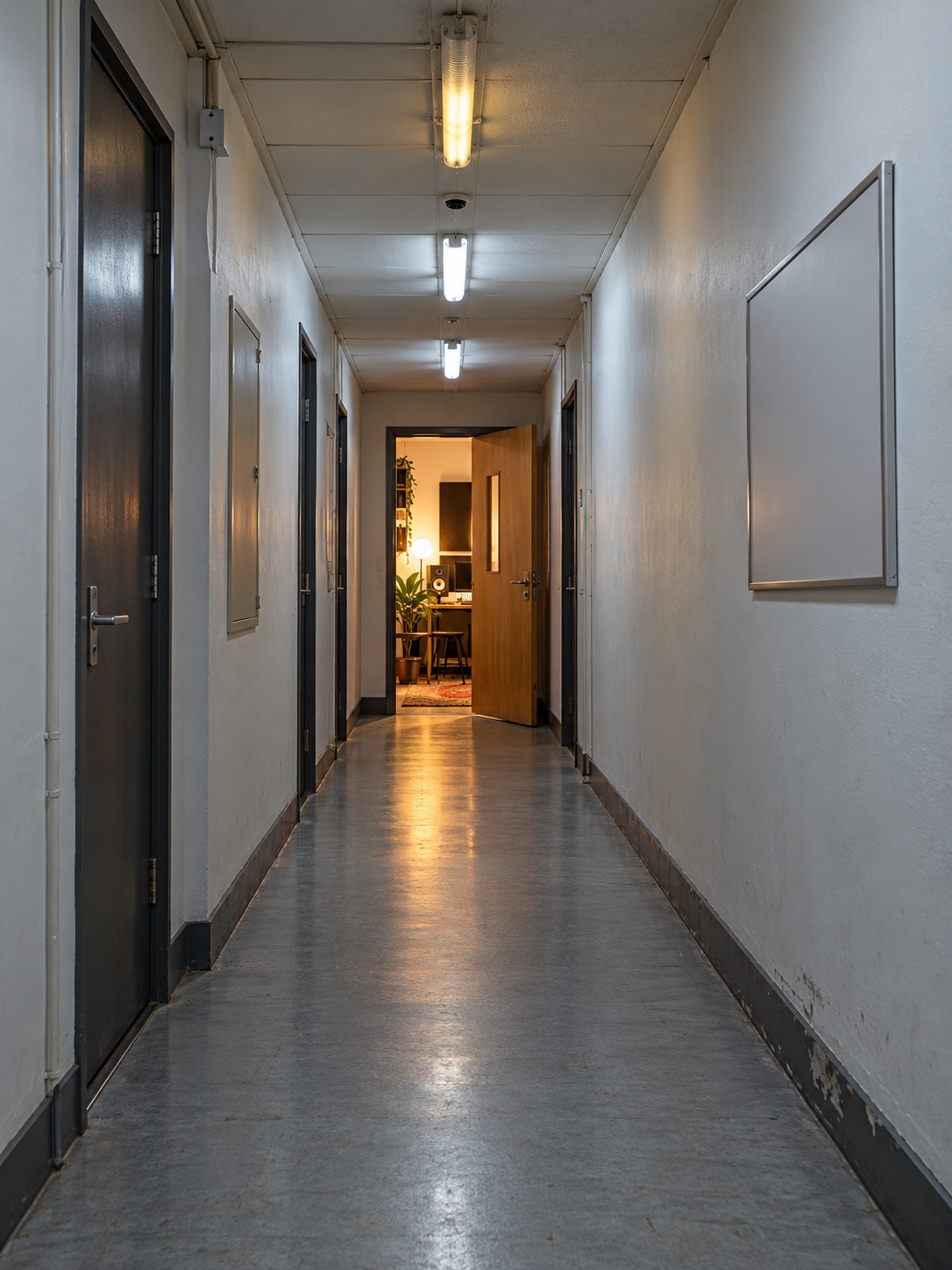 Wayfinding to a salon studio A shared-building corridor leading to a warmly lit studio door. | Sky Rye Design A shared-building corridor leading to a warmly lit studio door.