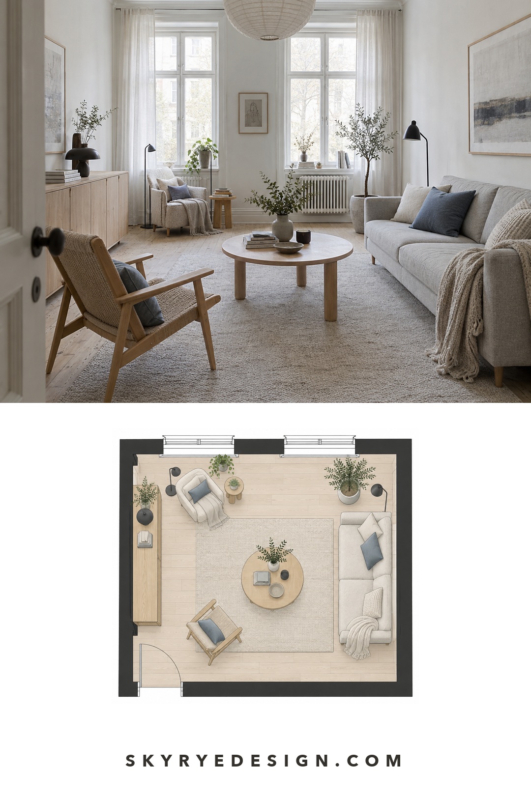 Scandinavian living room photo paired with a top-down furniture floor plan