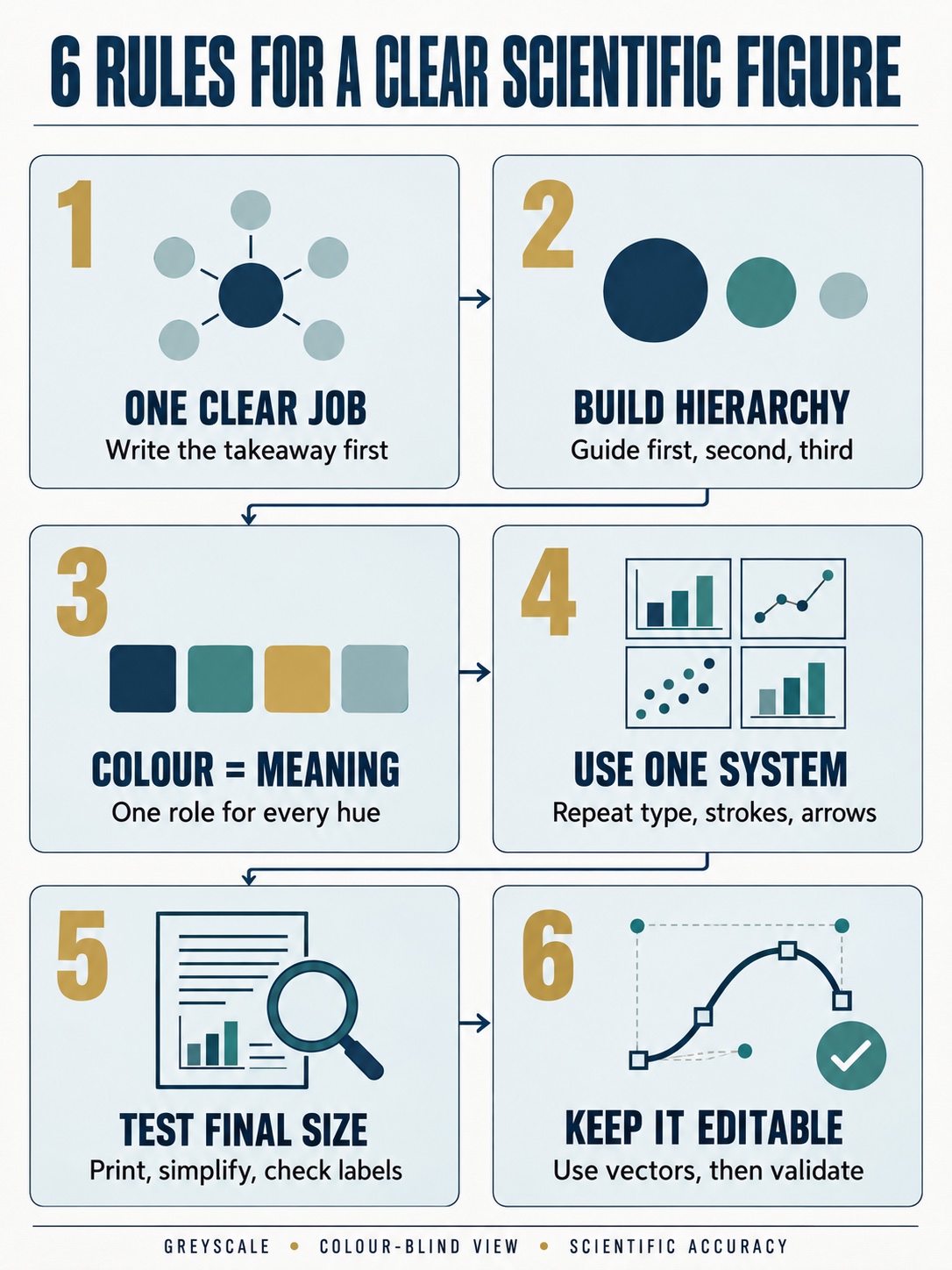 Infographic showing six rules for designing a clear scientific figure: purpose, hierarchy, color, consistency, final size, and editability.