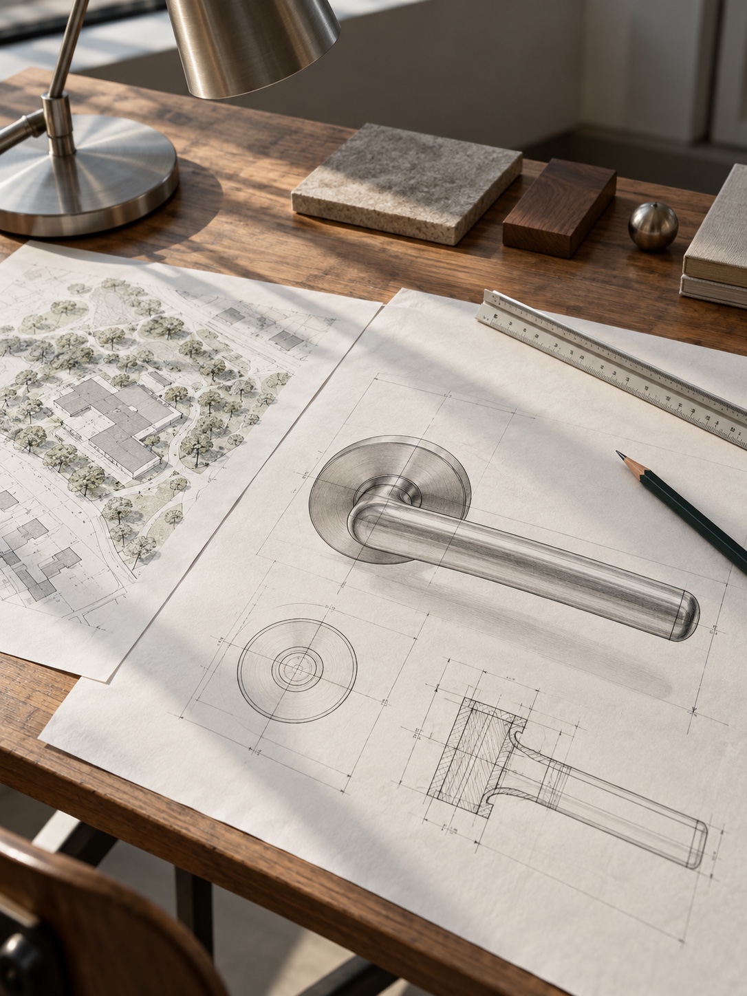 A small-scale site plan sits beside a large detailed drawing on a drafting table.