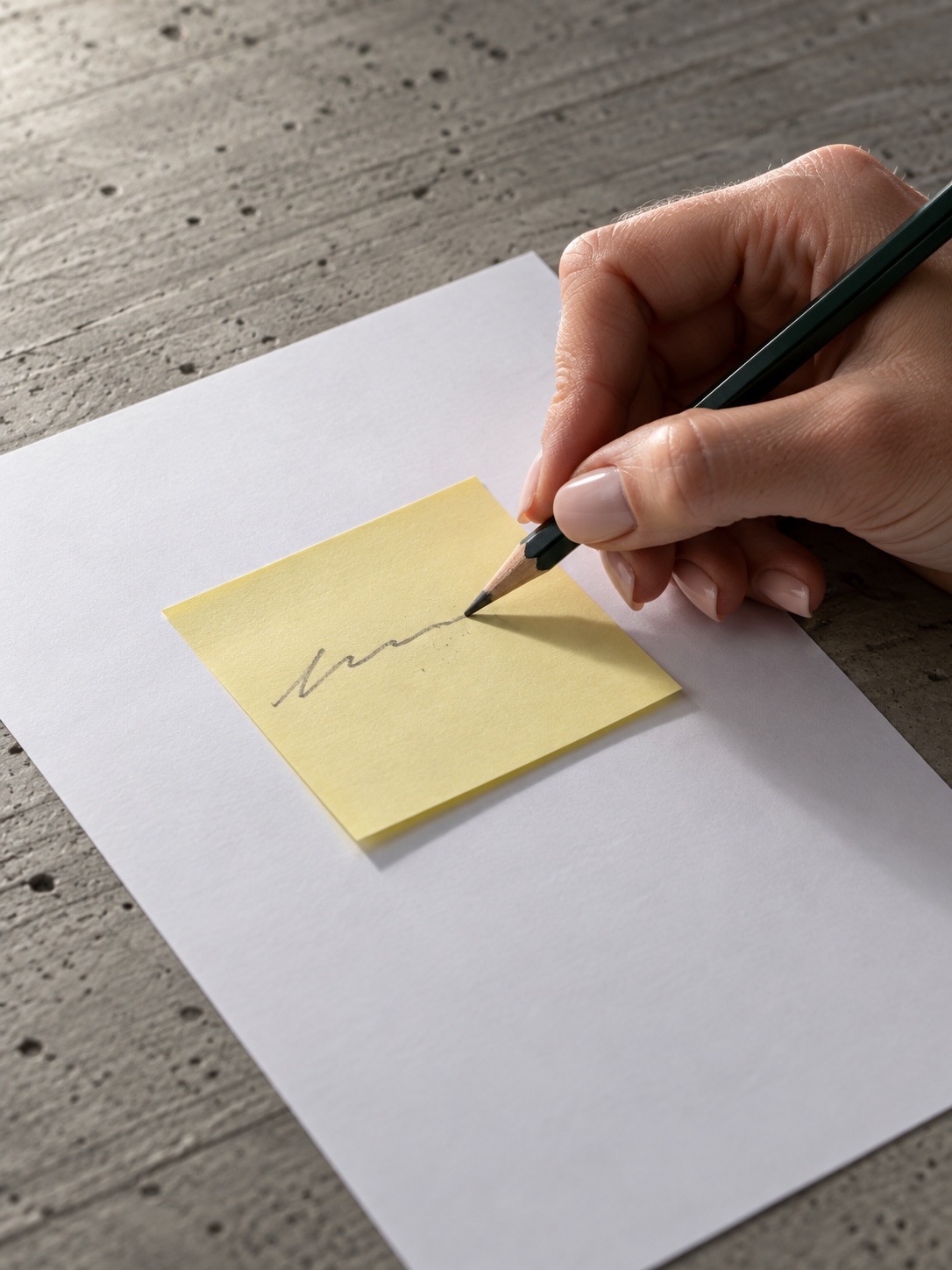 A hand writes a single-line takeaway on a sticky note beside a blank figure sketch.