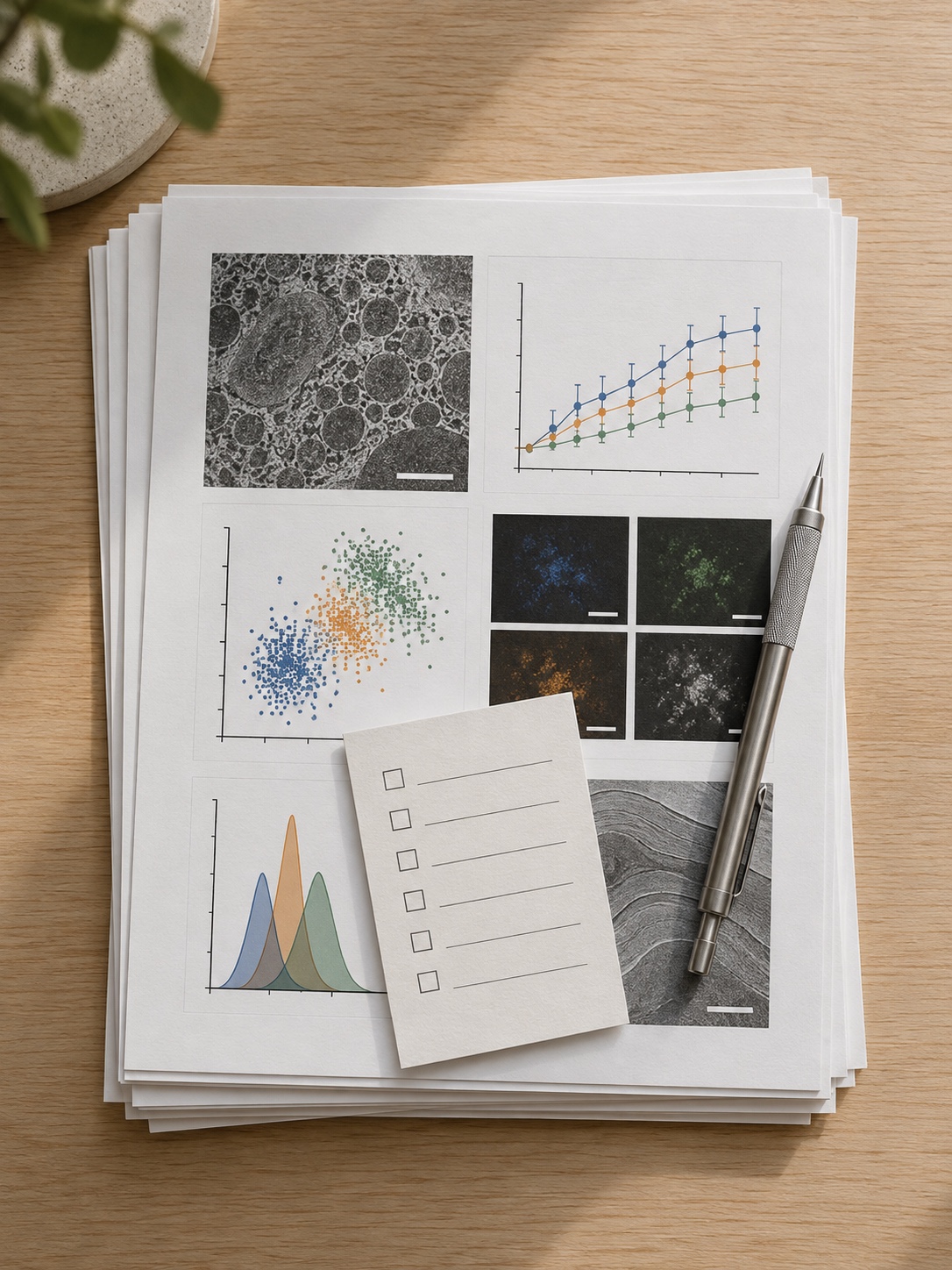 A neat stack of printed figure proofs with a pencil and six-line checklist card.