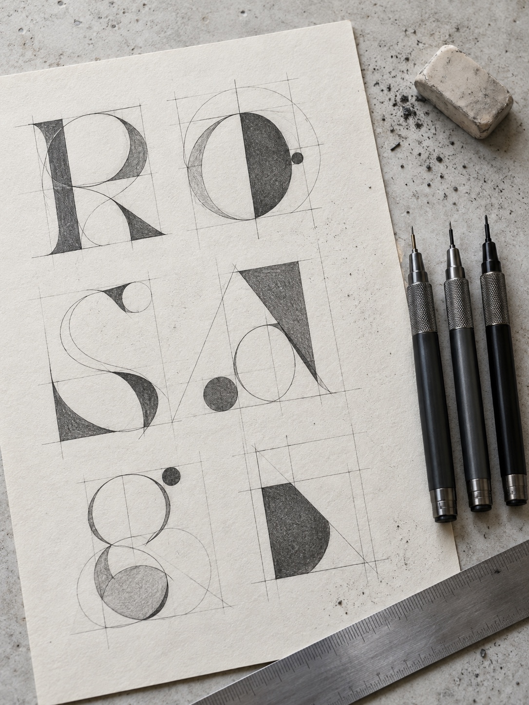 A type specimen sheet, technical pen nibs, ruler, and eraser form a small figure style guide.