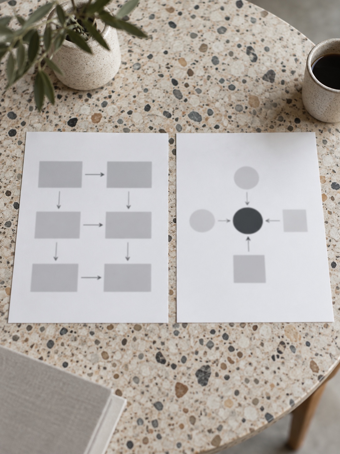 Two abstract scientific diagrams compare flat styling with a clear visual hierarchy.