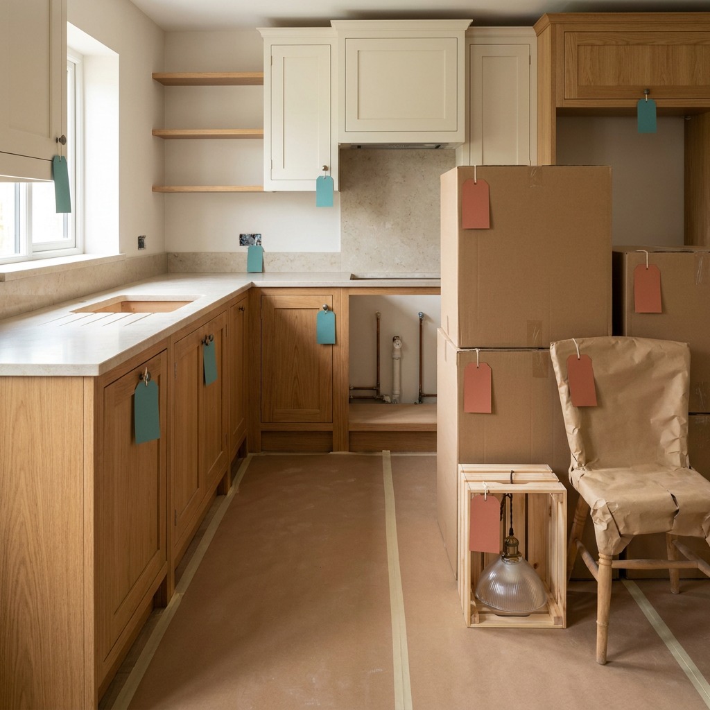 Defining What the Price Covers Kitchen fit-out area where installed cabinetry and fixtures carry small teal tags while boxed loose furniture and appliances wait separately marked with terracotta tags | Sky Rye Design Kitchen fit-out area where installed cabinetry and fixtures carry small teal tags while boxed loose furniture and appliances wait separately marked with terracotta tags