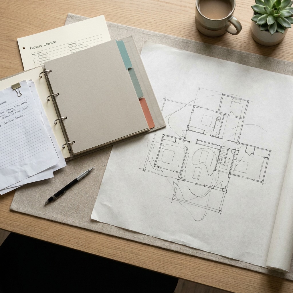 The Documents a Scope Should Reference Overhead view of a drawing set, specification binder, finishes schedule and tabbed folders neatly arranged on a light oak desk | Sky Rye Design Overhead view of a drawing set, specification binder, finishes schedule and tabbed folders neatly arranged on a light oak desk