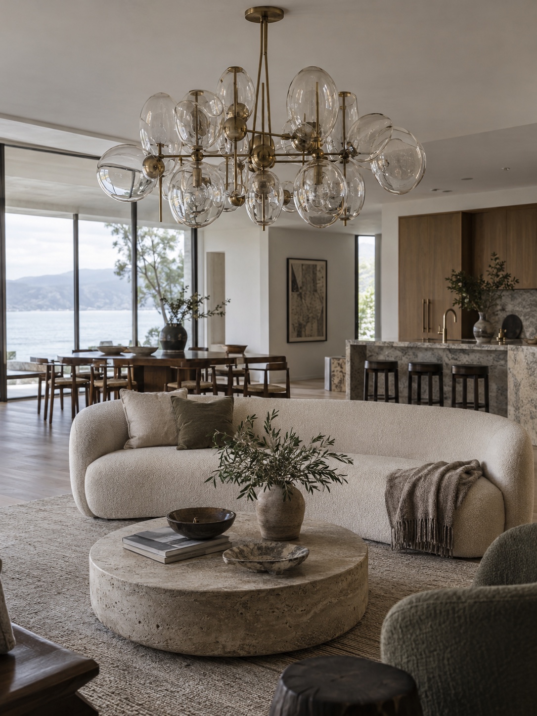 Large sculptural glass and brass chandelier defining an open-plan living area