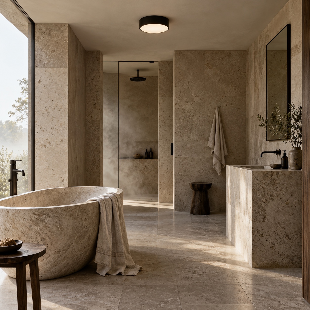 Sealed black flush mount light in a stone bathroom A sealed black flush mount light illuminates a quiet limestone bathroom. | Sky Rye Design A sealed black flush mount light illuminates a quiet limestone bathroom.