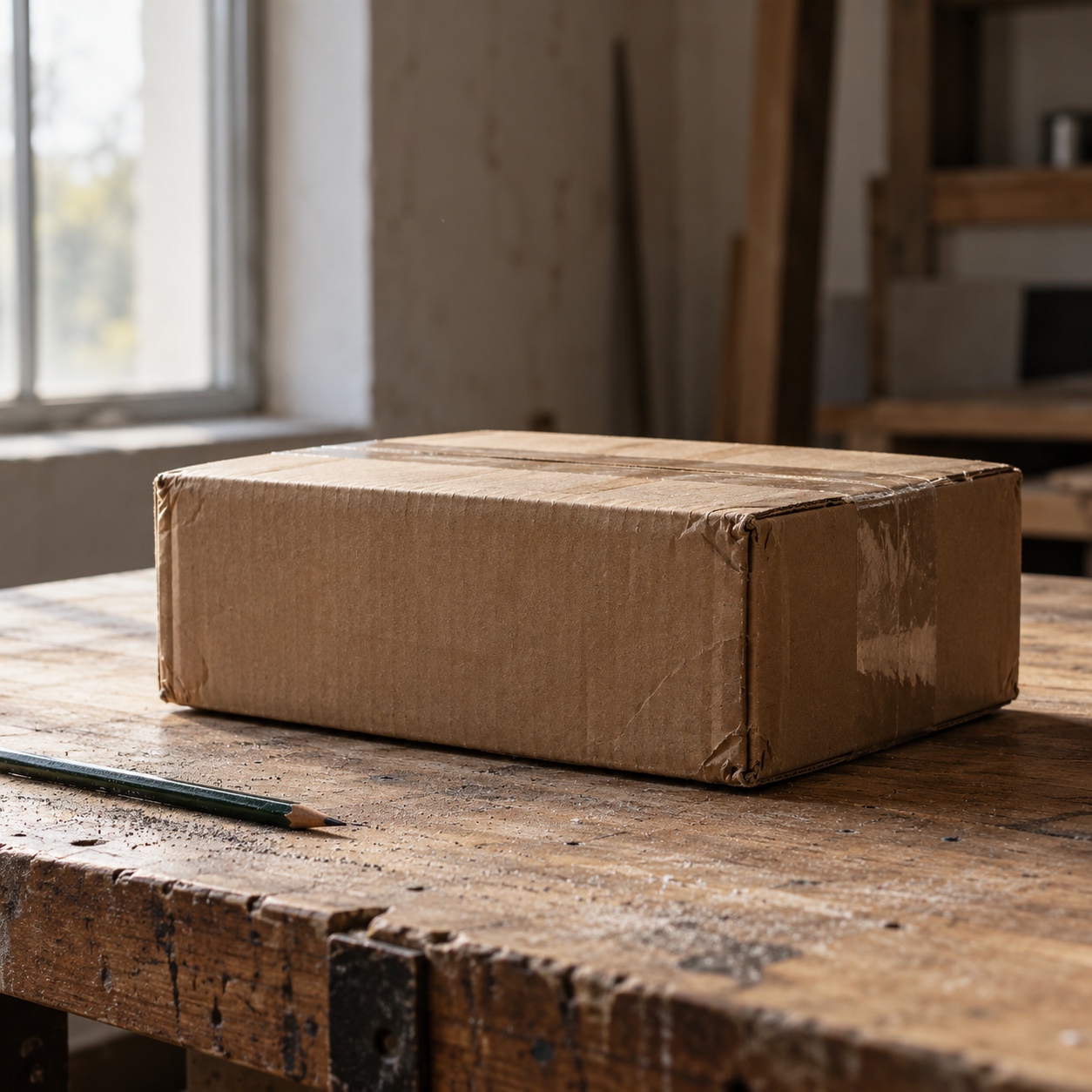 Sealed package on a workshop bench A sealed cardboard package resting on a worn timber workshop bench | Sky Rye Design A sealed cardboard package resting on a worn timber workshop bench