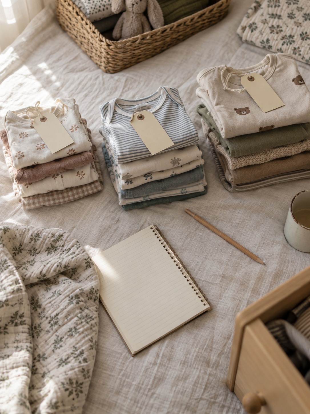 Seasonal baby clothing size rotation Baby clothes sorted by size on a linen sheet for seasonal rotation | Sky Rye Design Baby clothes sorted by size on a linen sheet for seasonal rotation