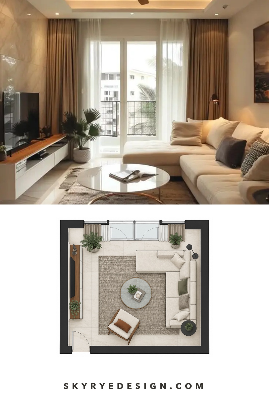 Medium living room photo paired with a floor plan showing an L-shaped sectional, accent chair, rug, and TV wall
