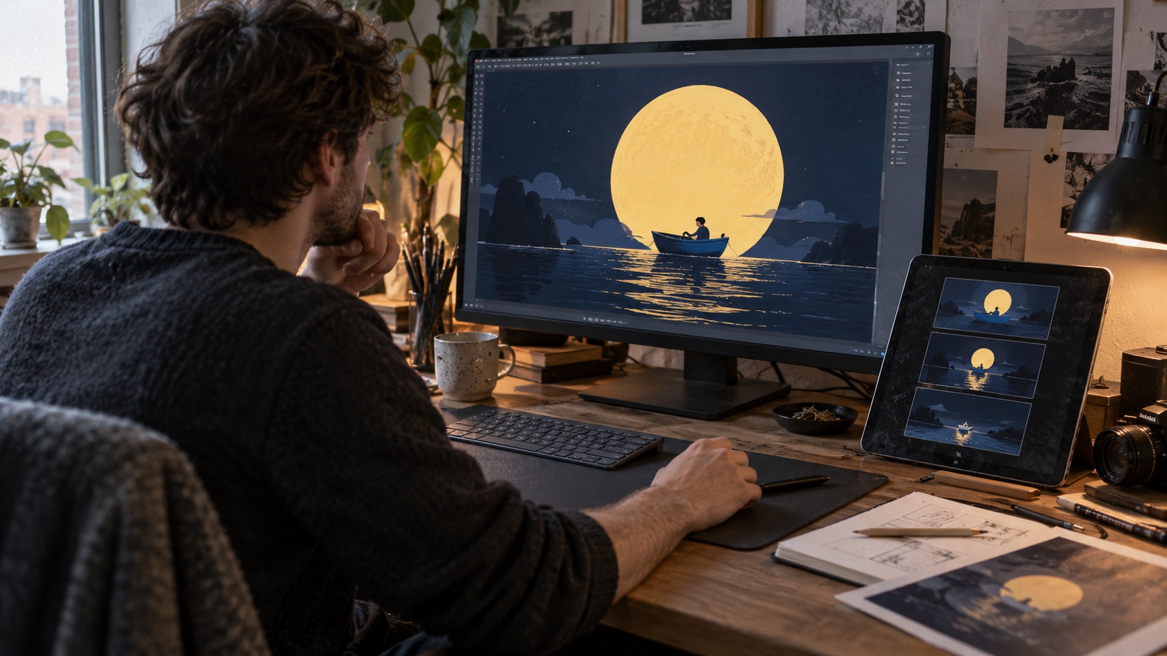 Turning an illustration into motion design Motion designer reviewing a blue boat and yellow moon illustration on a desktop monitor | Sky Rye Design Motion designer reviewing a blue boat and yellow moon illustration on a desktop monitor