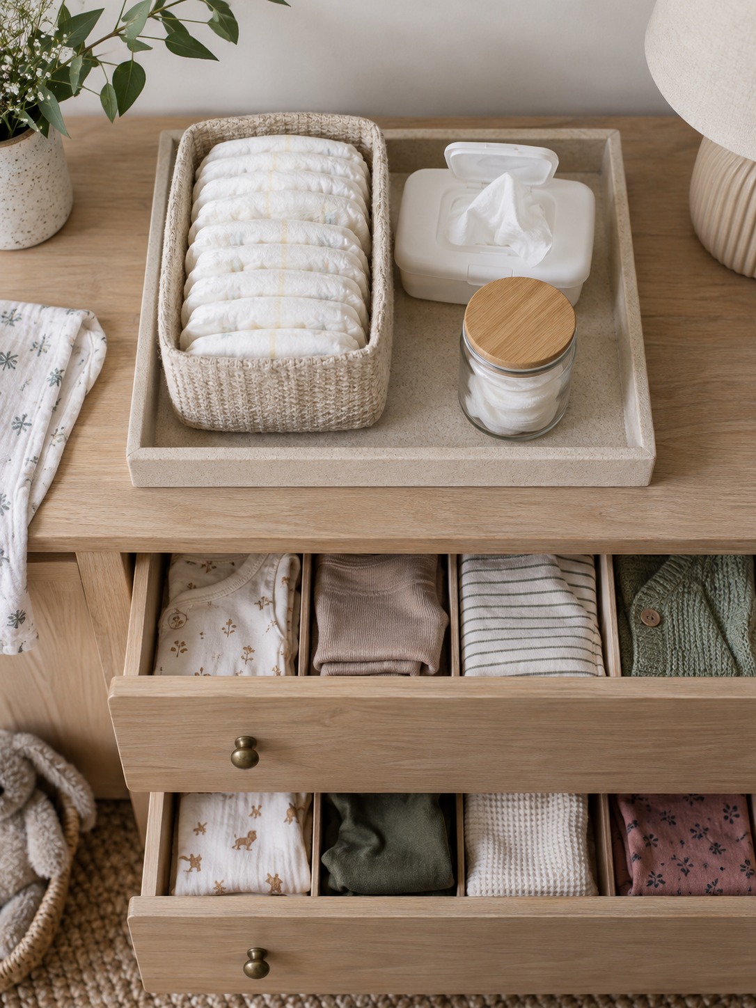 Separate diaper supplies dresser tray Diapers and wipes organized in a tray on top of a dresser | Sky Rye Design Diapers and wipes organized in a tray on top of a dresser