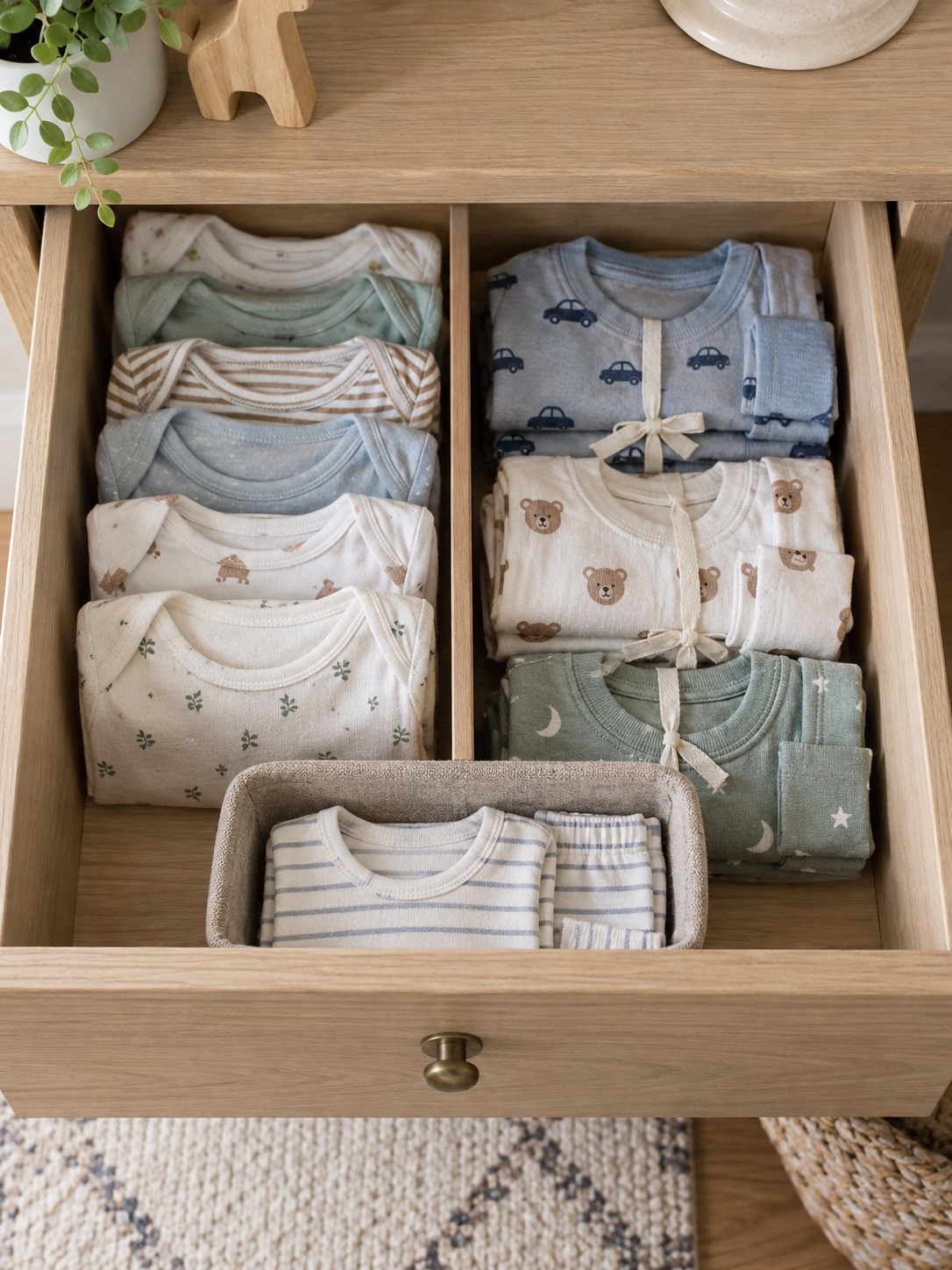 Shared baby toddler sleepwear drawer Shared sleepwear drawer with separate baby and toddler clothing zones | Sky Rye Design Shared sleepwear drawer with separate baby and toddler clothing zones