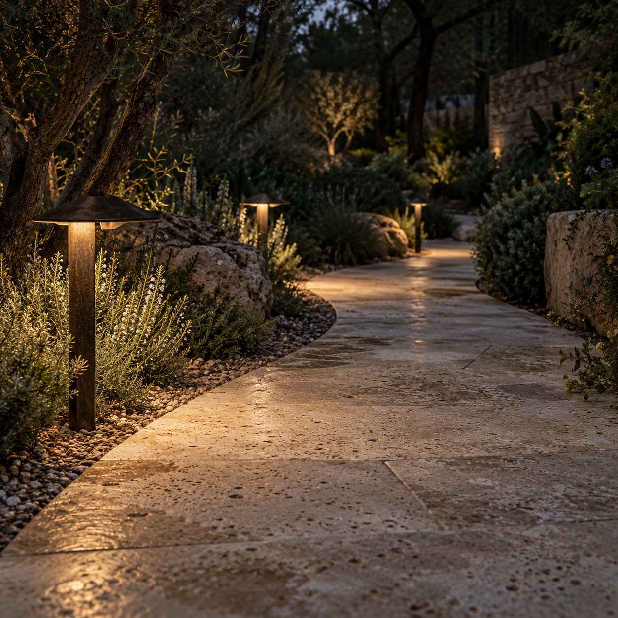 Shielded path lights casting soft pools across a curved limestone walkway