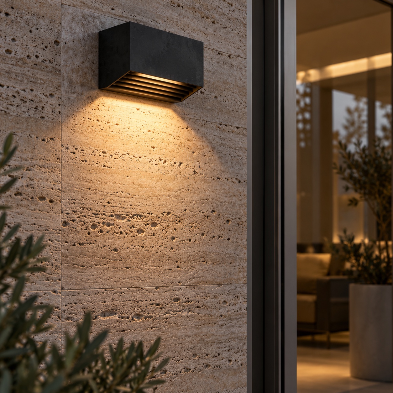 Shielded patio wall light washing warm light down a travertine wall
