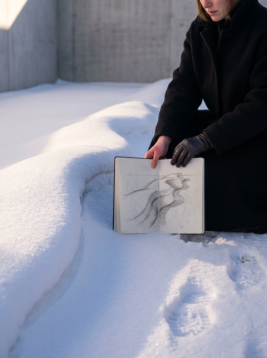 Side-lit snowbank with reference Graphite drawing of a side-lit snowbank held beside the real snowbank it depicts | Sky Rye Design Graphite drawing of a side-lit snowbank held beside the real snowbank it depicts