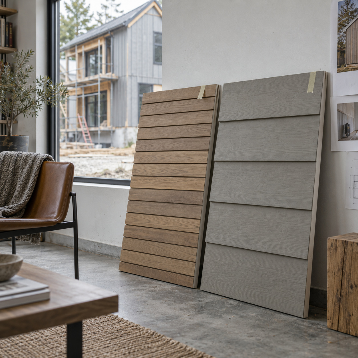 Narrow and wide siding sample boards in a design studio