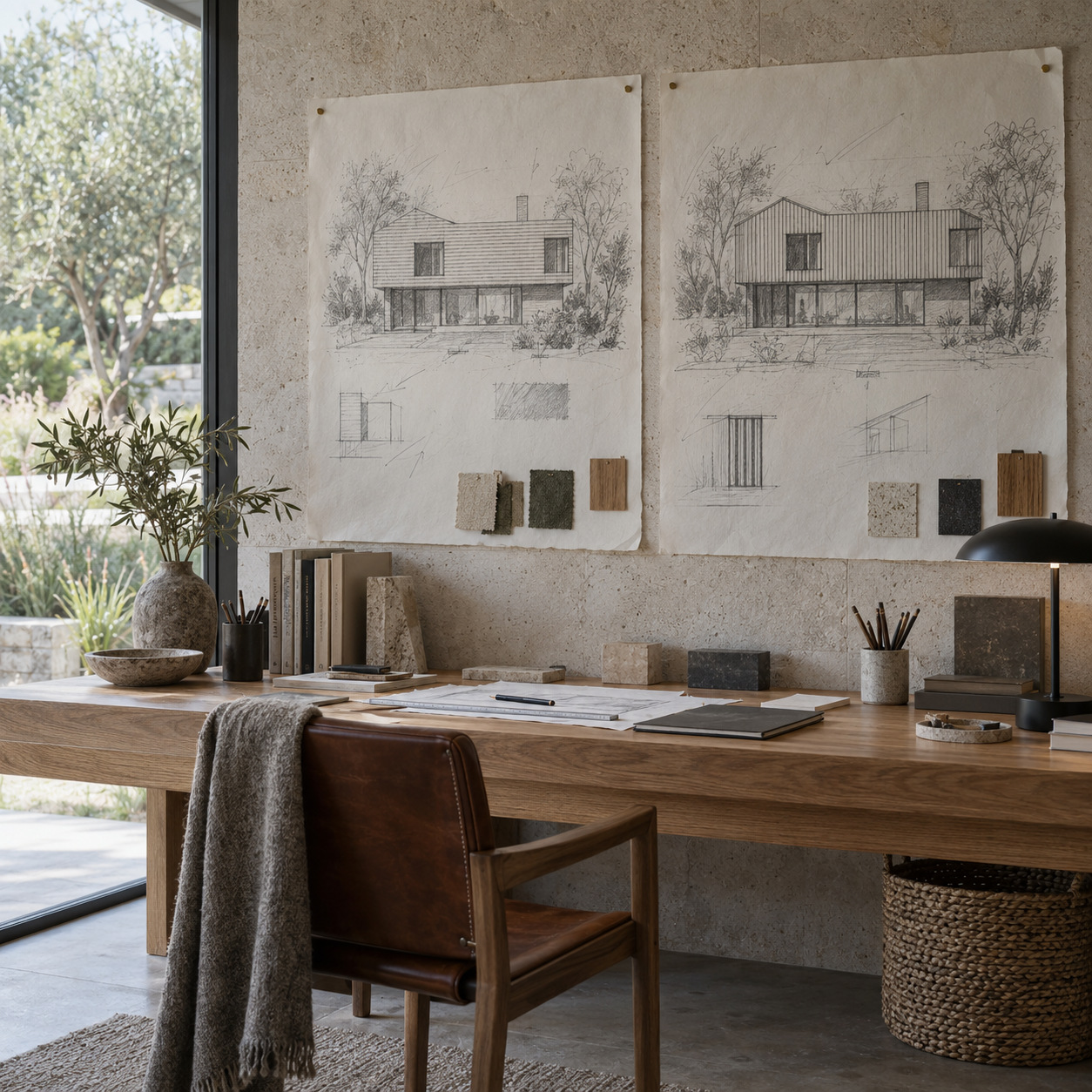 Architect studio comparing horizontal and vertical siding sketches