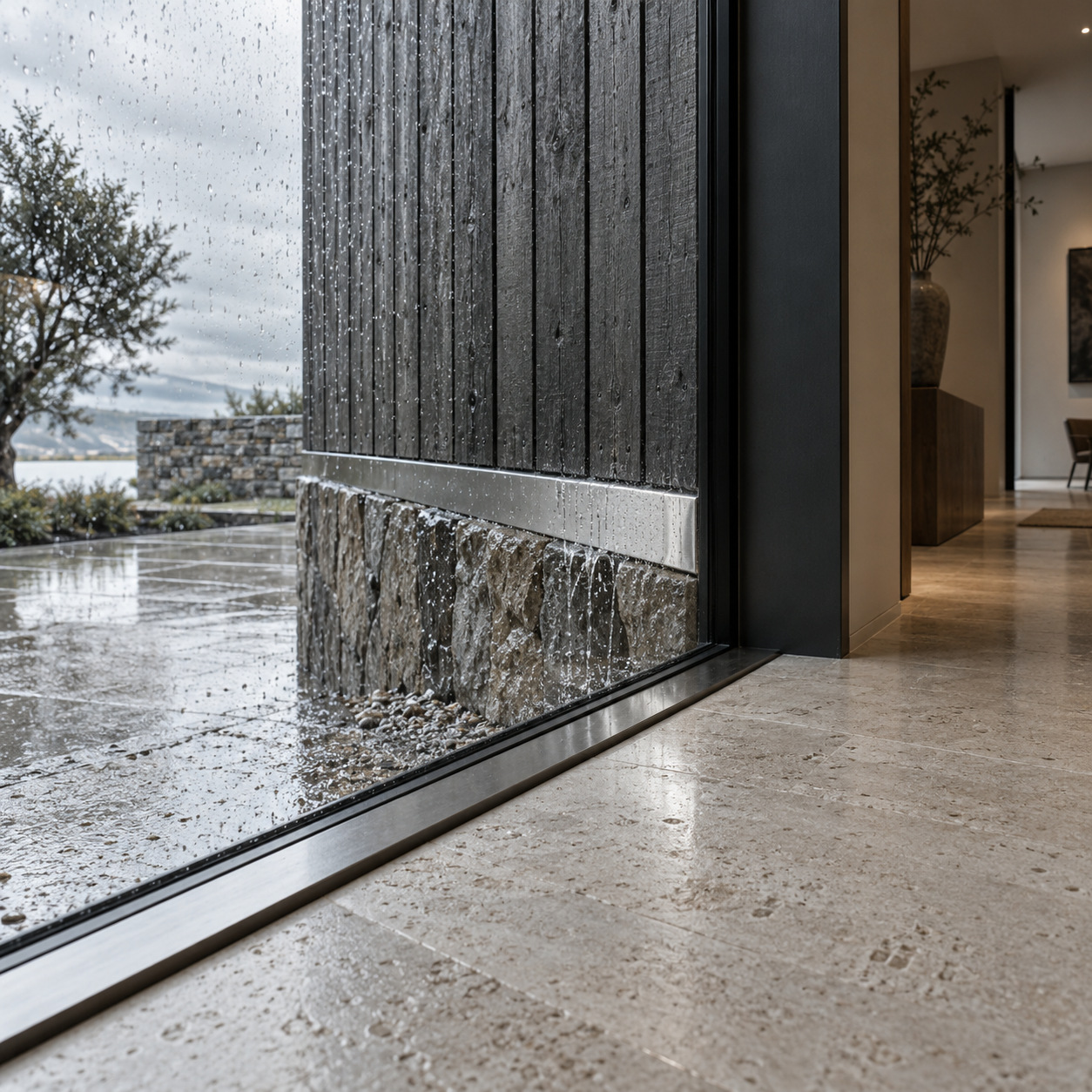 Interior passage overlooking rain-wet siding and wall flashing
