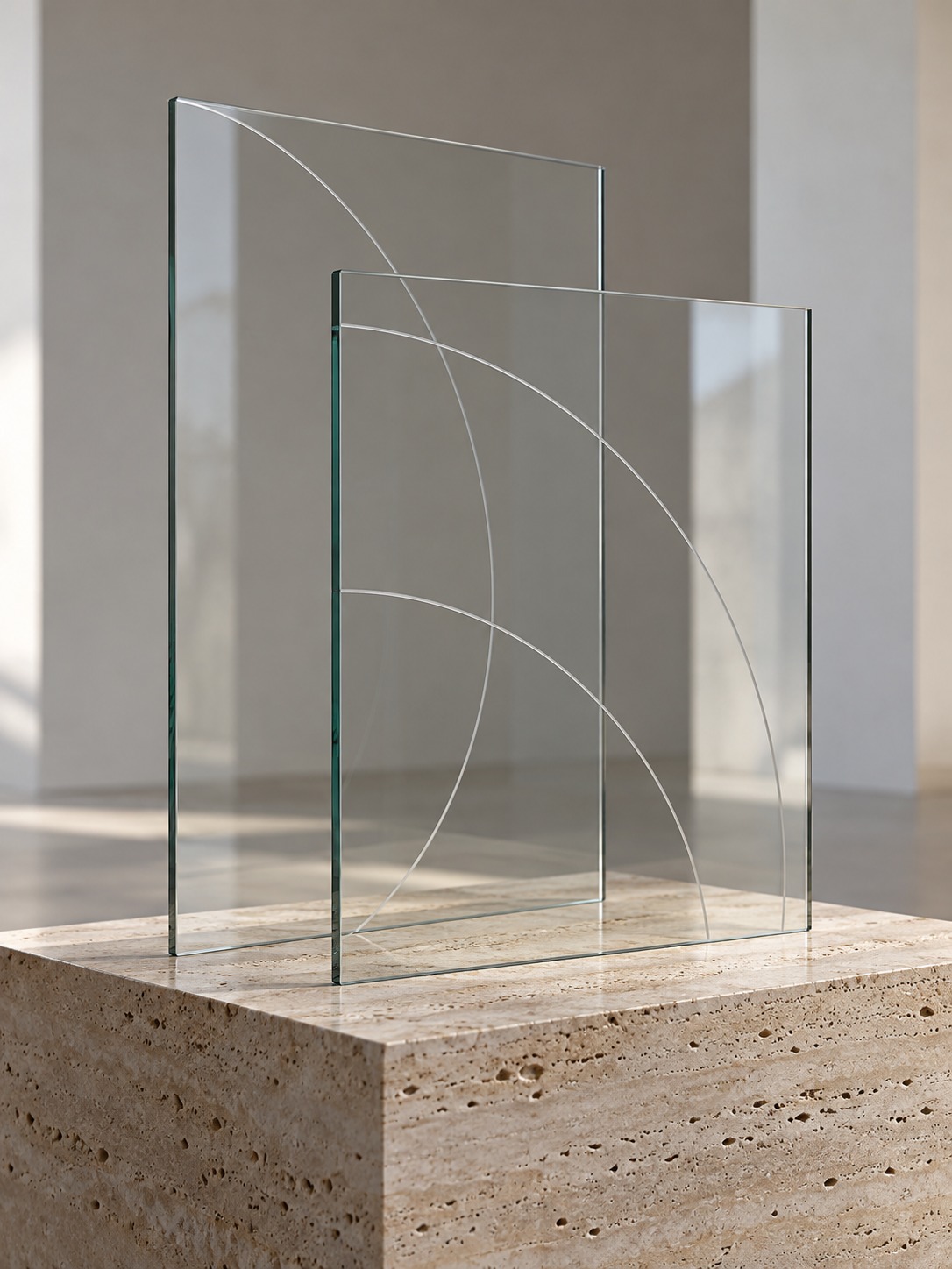 Two overlapping glass sheets with slightly misaligned etched arcs