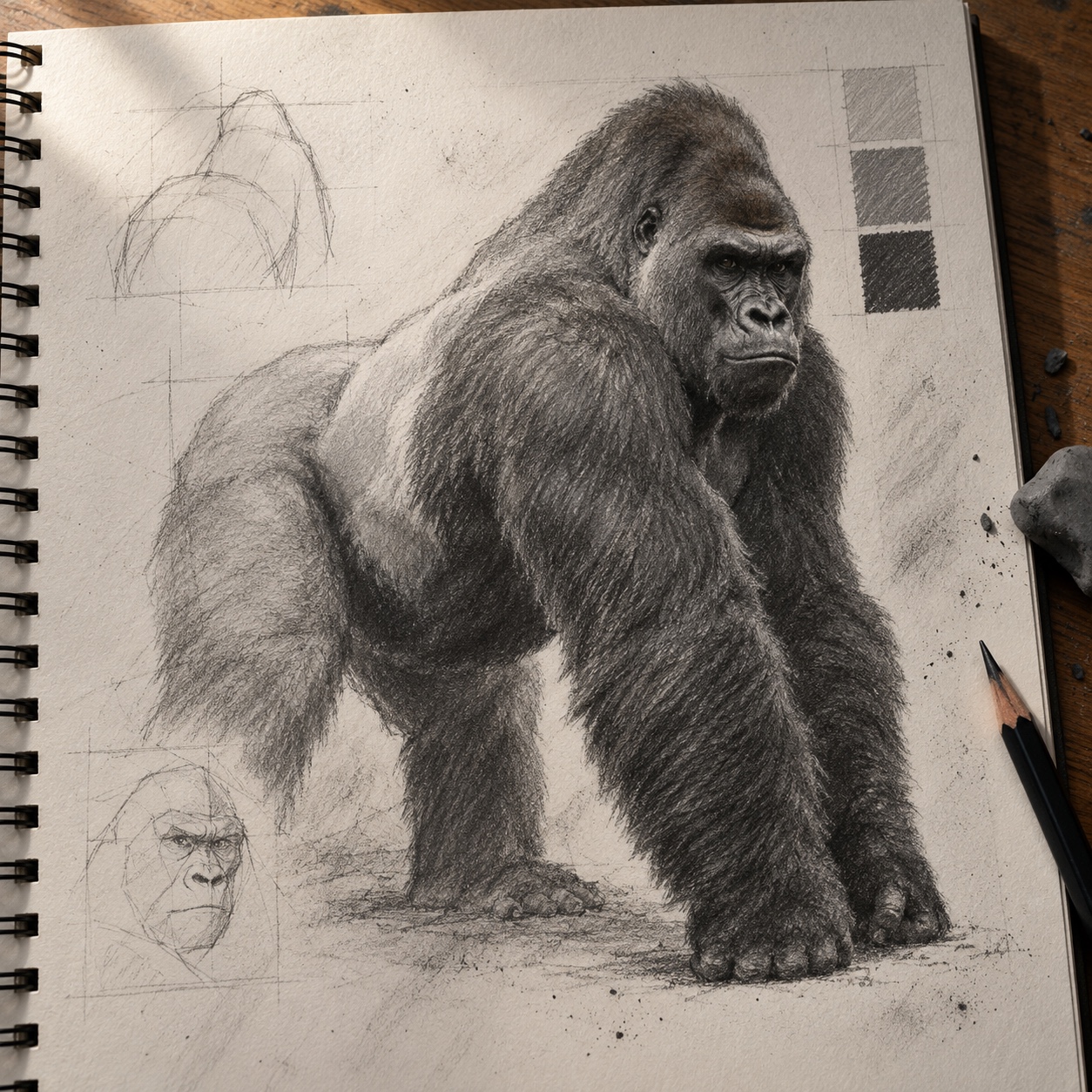 Silverback gorilla value study Graphite silverback study with three value groups and lifted highlights | Sky Rye Design Graphite silverback study with three value groups and lifted highlights