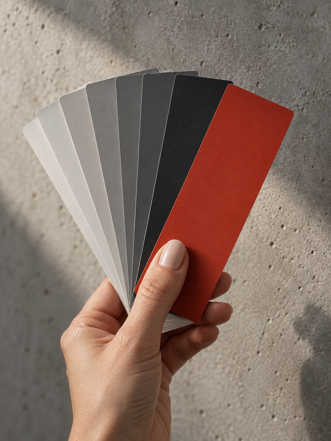 A fan of grey paint chips with one saturated accent chip pulled forward.