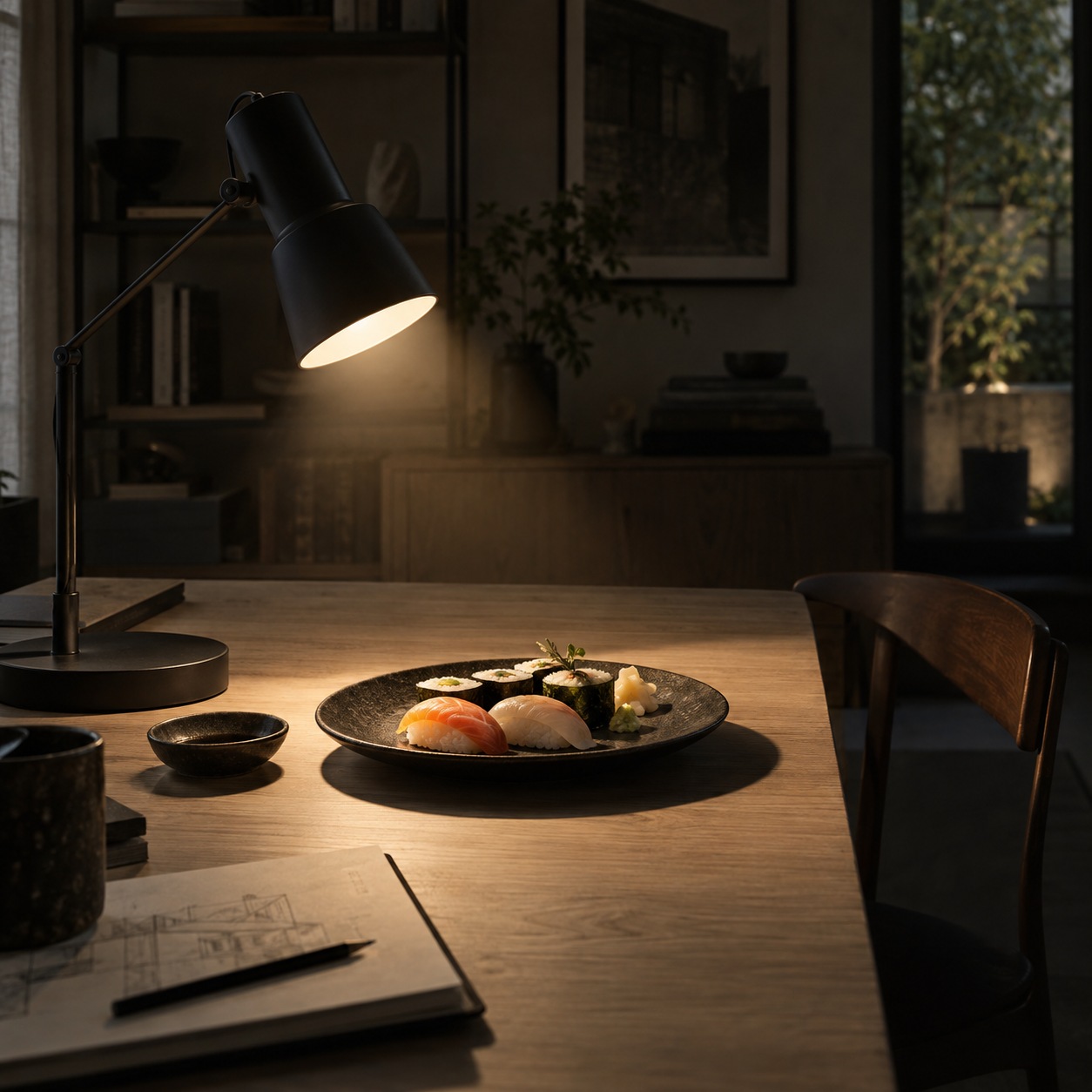 One black desk lamp lighting a plate of sushi beside a sketchbook