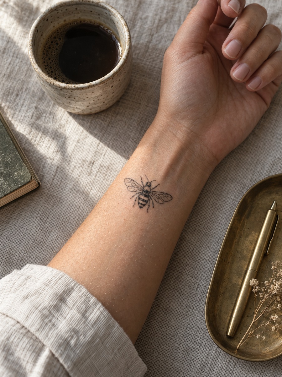 Minimalist single-line bee tattoo on the wrist in a flat-lay photograph