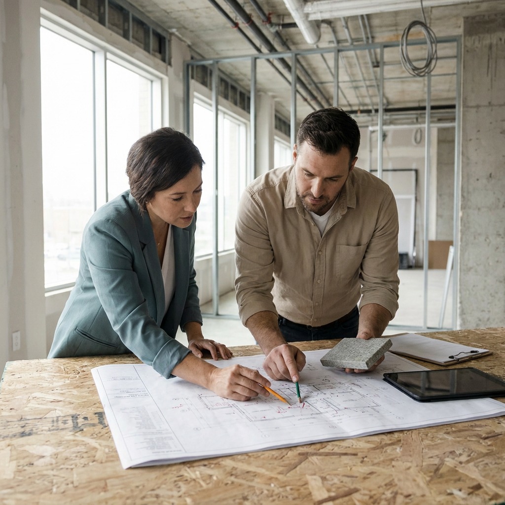 Reviewing Changes at the Site Table Designer and contractor reviewing a marked-up drawing and a stone sample together at a plywood site table in a building under construction | Sky Rye Design Designer and contractor reviewing a marked-up drawing and a stone sample together at a plywood site table in a building under construction