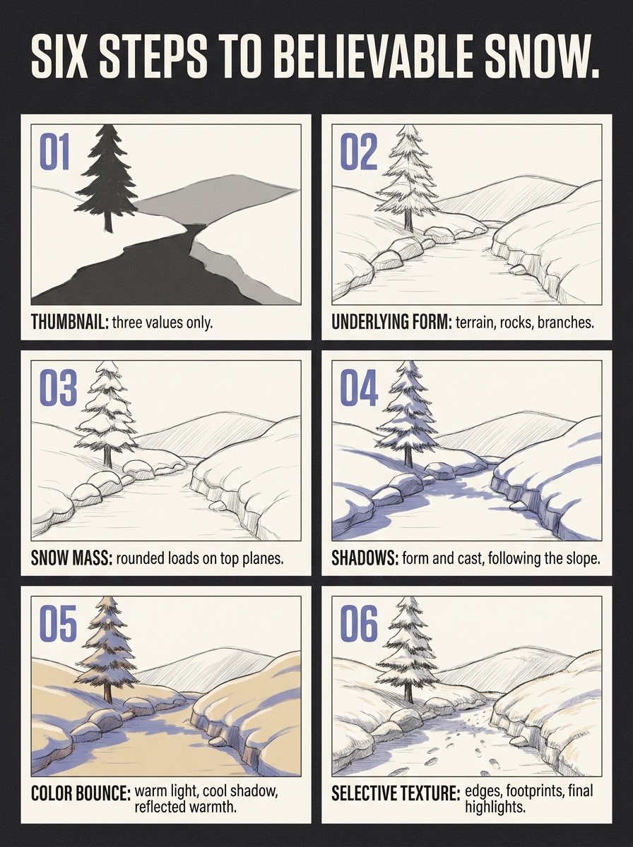 Six steps to believable snow Six-step infographic for drawing believable snow from a value thumbnail to selective texture | Sky Rye Design Six-step infographic for drawing believable snow from a value thumbnail to selective texture