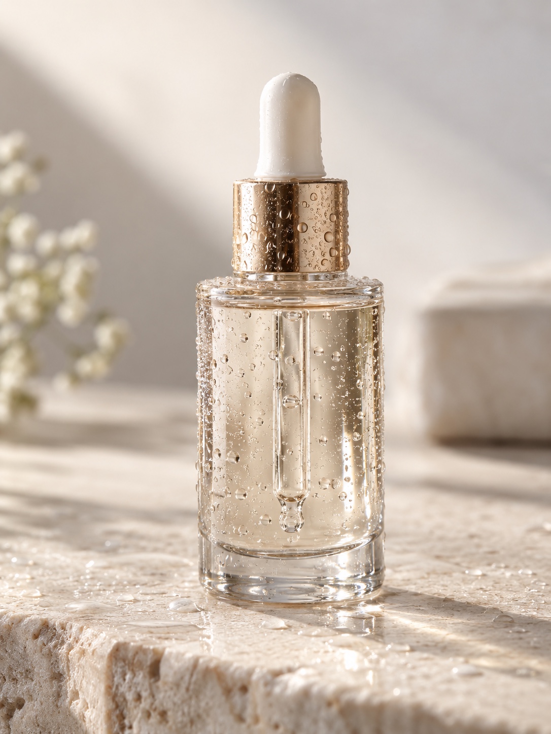 Skincare bottle with water droplets Skincare bottle covered with fine water droplets on a clean neutral background | Sky Rye Design Skincare bottle covered with fine water droplets on a clean neutral background