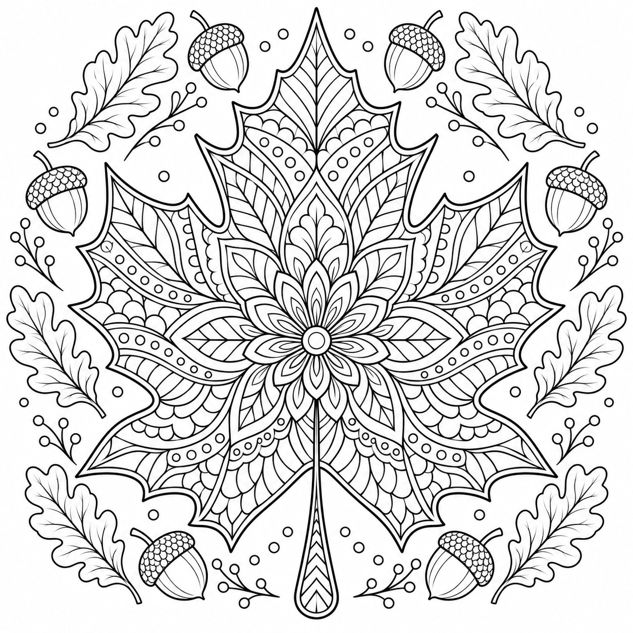 Black-and-white line art of a large maple leaf filled with a symmetrical mandala pattern of veins, petals, and scalloped bands.