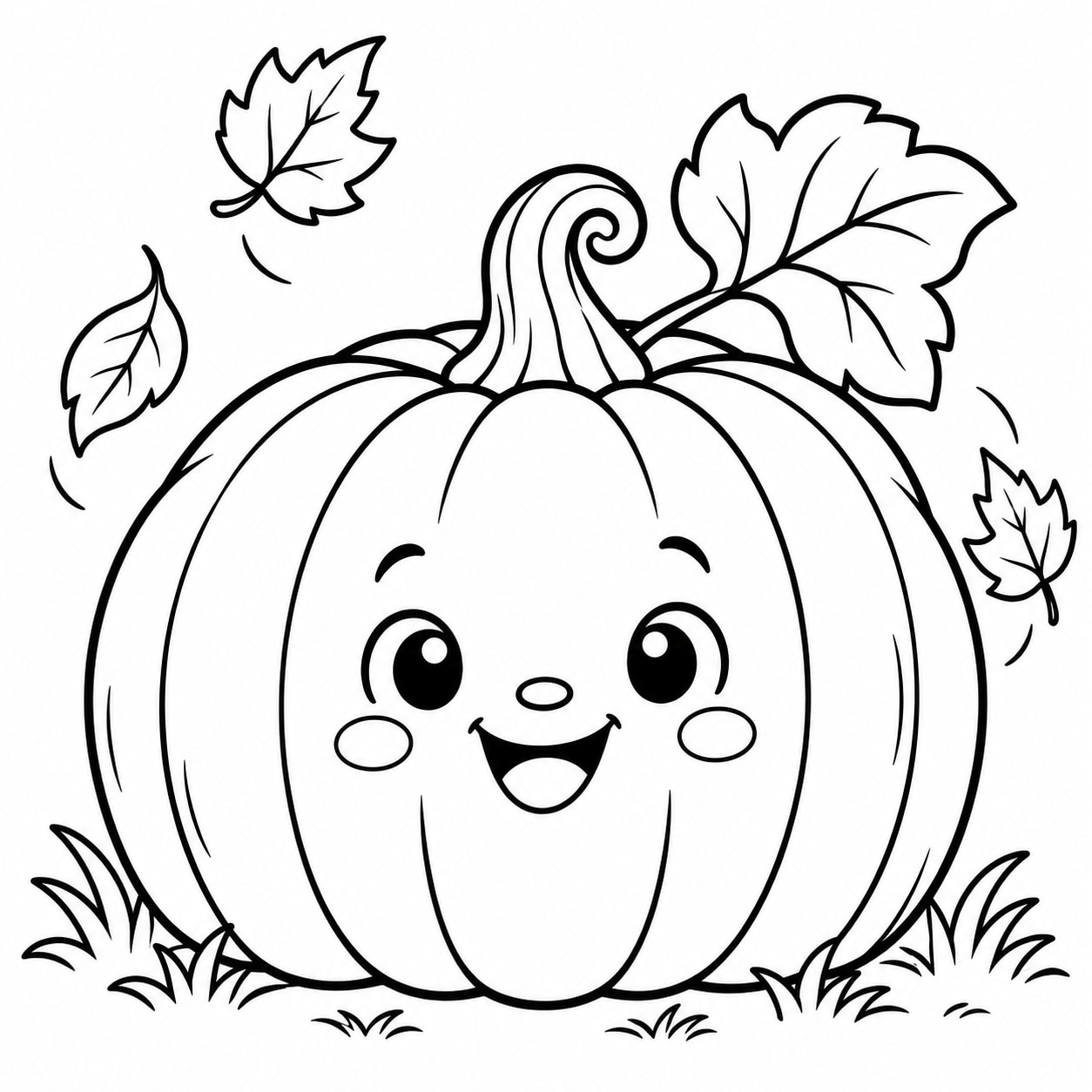 Black-and-white line drawing of a large round pumpkin with wide ribs, a short curly stem, and one big leaf.