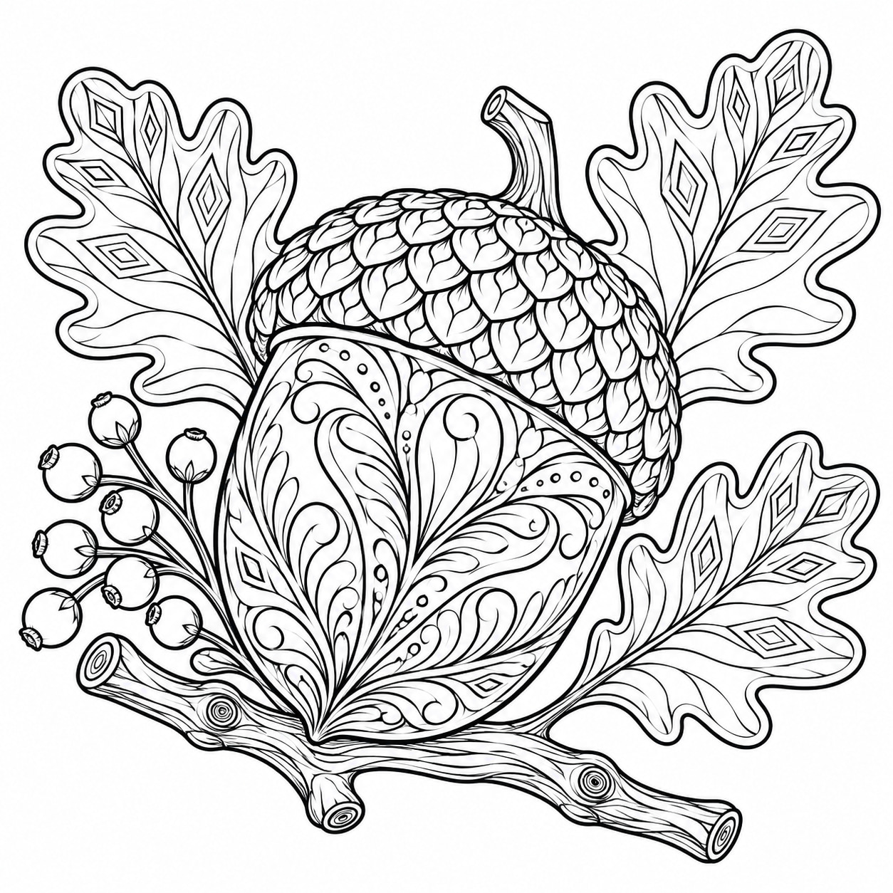 Black-and-white line art of an ornamental acorn with a scale-patterned cap, filigree body lines, and oak leaves on a small branch.